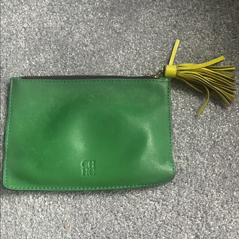 Carolina Herrera Green Leather Wristlet with Yellow Tassel